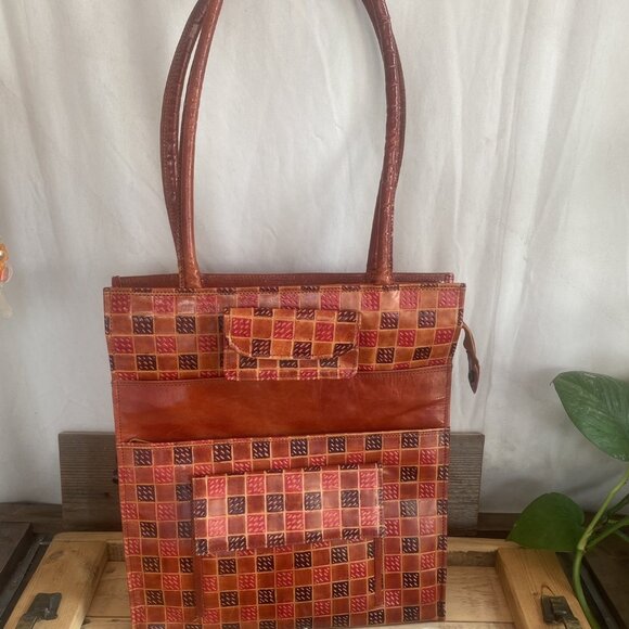 Handbags - Vintage 1990s NachoCow Leather Patchwork Tote | Purple Red Shoulder Bag